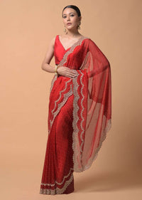 Fiery Red Saree In Organza With Heavy Cut Dana Embellished Border And Foil Printed Dots Online - Kalki Fashion