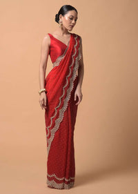 Fiery Red Saree In Organza With Heavy Cut Dana Embellished Border And Foil Printed Dots Online - Kalki Fashion