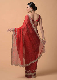 Fiery Red Saree In Organza With Heavy Cut Dana Embellished Border And Foil Printed Dots Online - Kalki Fashion