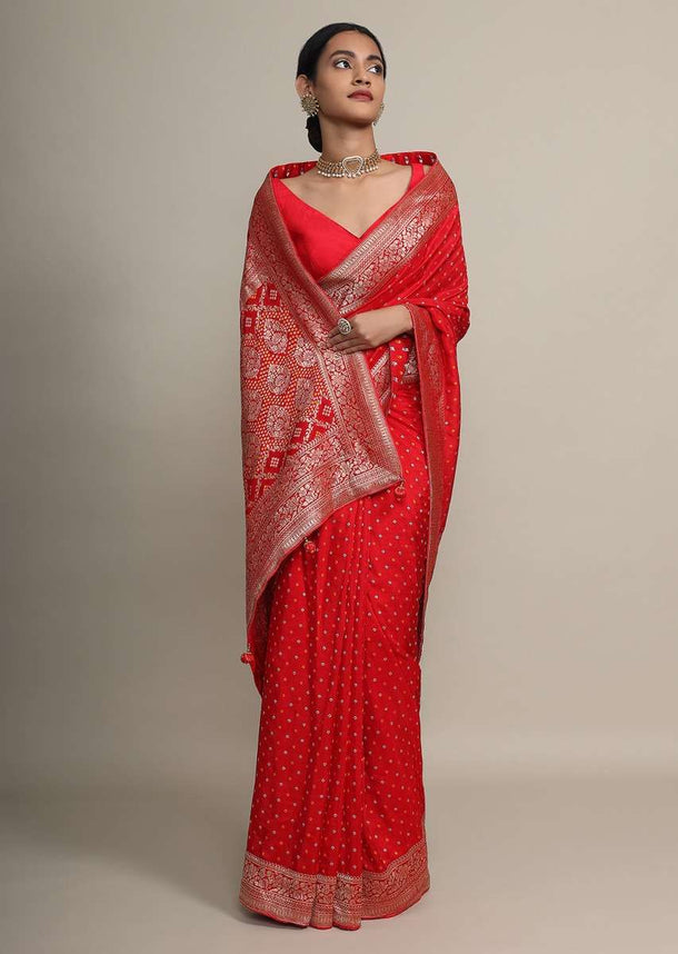 Fiery Red Saree With Bandhani Print All Over And Floral Weave Border Online - Kalki Fashion