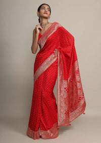 Fiery Red Saree With Bandhani Print All Over And Floral Weave Border Online - Kalki Fashion