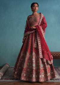 Fiery Red Embroidered Bridal Lehenga With 12 Kali And Floral Hand Embroidery