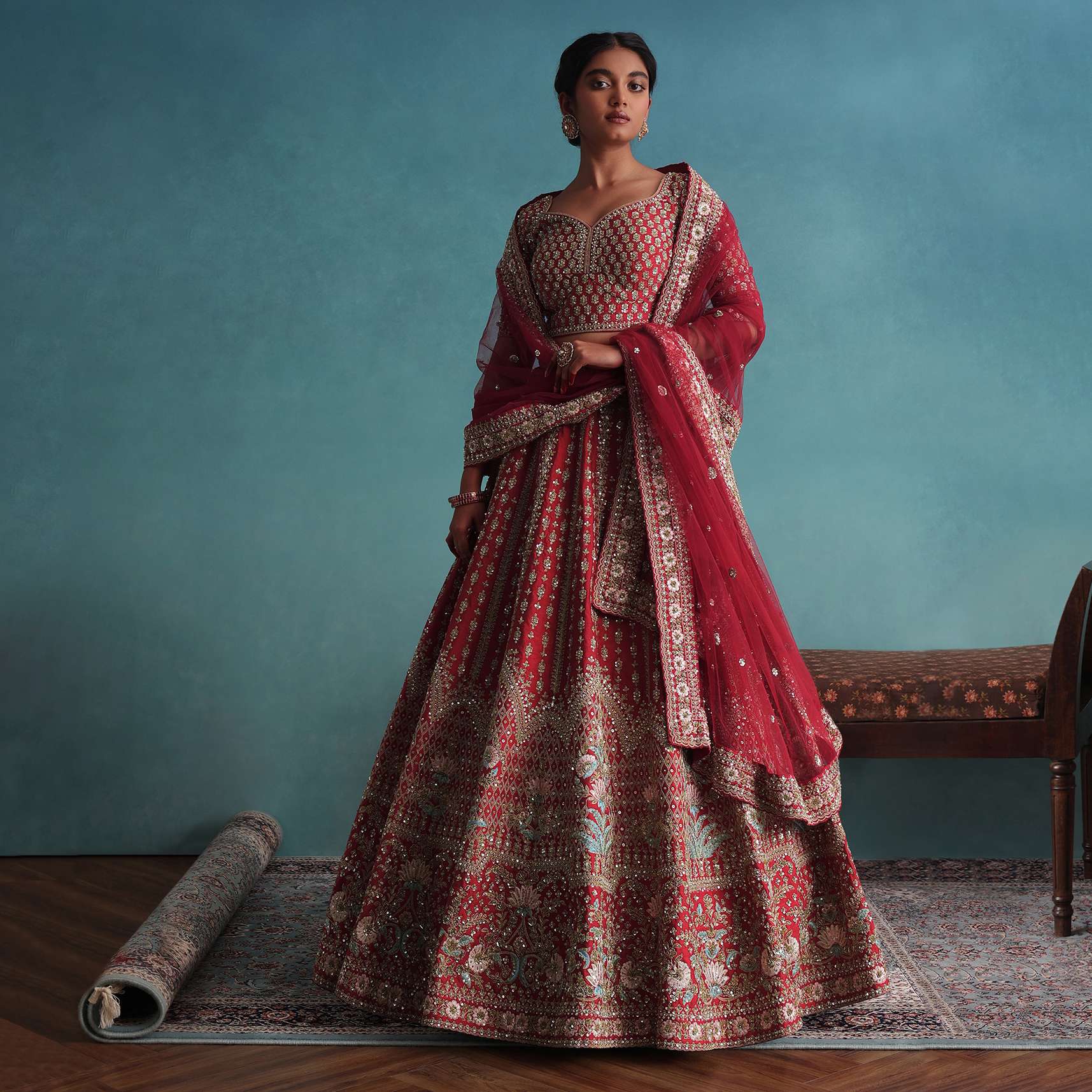 Fiery Red Embroidered Bridal Lehenga With 12 Kali And Floral Hand Embroidery