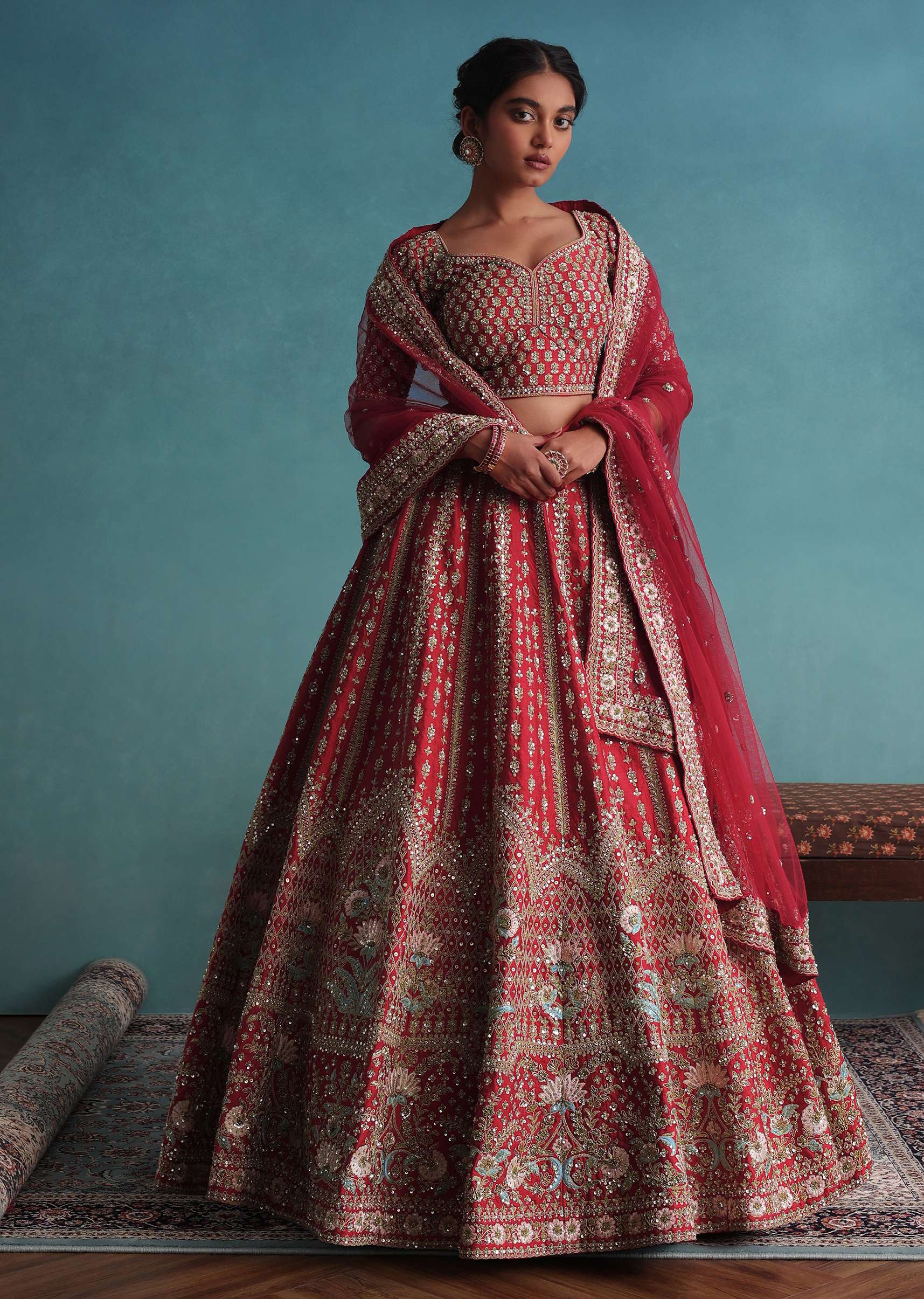 Fiery Red Embroidered Bridal Lehenga With 12 Kali And Floral Hand Embroidery