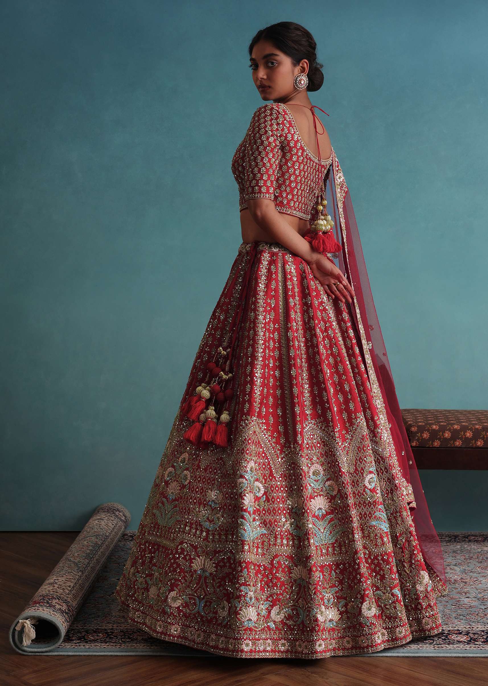 Fiery Red Embroidered Bridal Lehenga With 12 Kali And Floral Hand Embroidery