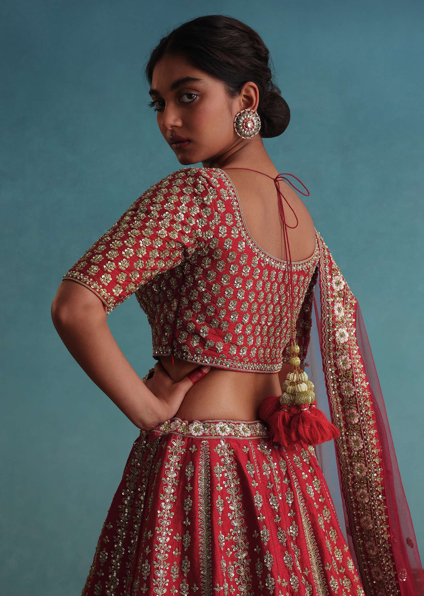 Fiery Red Embroidered Bridal Lehenga With 12 Kali And Floral Hand Embroidery