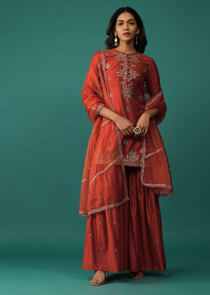 Fiery Red Embroidered Kurti And Sharara Set In Chanderi Silk