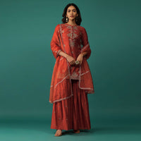 Fiery Red Embroidered Kurti And Sharara Set In Chanderi Silk