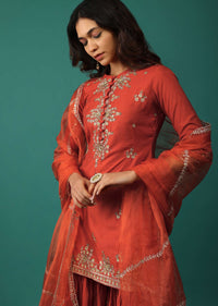 Fiery Red Embroidered Kurti And Sharara Set In Chanderi Silk