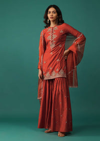 Fiery Red Embroidered Kurti And Sharara Set In Chanderi Silk