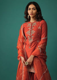 Fiery Red Embroidered Kurti And Sharara Set In Chanderi Silk