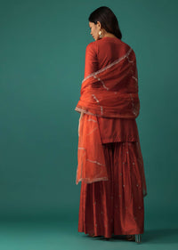 Fiery Red Embroidered Kurti And Sharara Set In Chanderi Silk