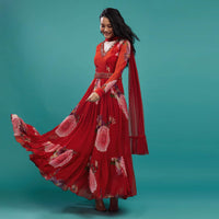 Fiery Red Floral Anarkali Suit In Georgette Fabric