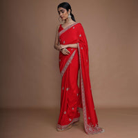 Fiery Red Saree In Dupion Silk With Zardozi Embroidered Buttis And Floral Border Online - Kalki Fashion