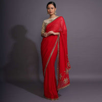 Fiery Red Saree In Georgette With Cut Dana Embellished Border And Palm Tree Motifs On The Pallu Online - Kalki Fashion