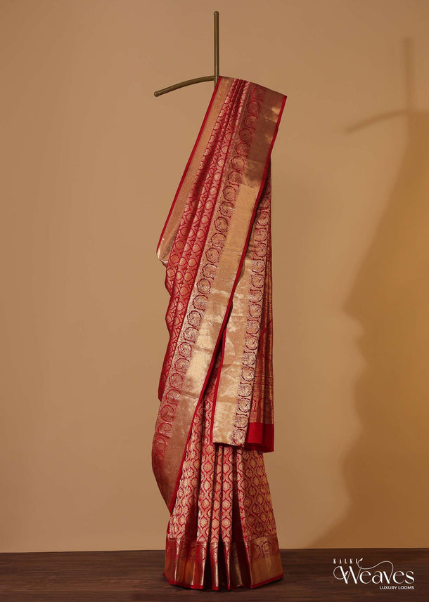 Fiery Red Zari Weave Kanjivaram Saree In Pure Uppada Silk With Unstitched Blouse