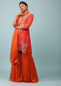 Fiesta Orange Embroidered Palazzo Suit With Leheriya Print In Georgette