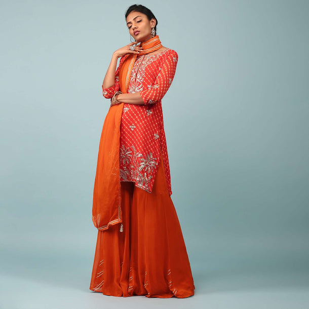 Fiesta Orange Embroidered Palazzo Suit With Leheriya Print In Georgette