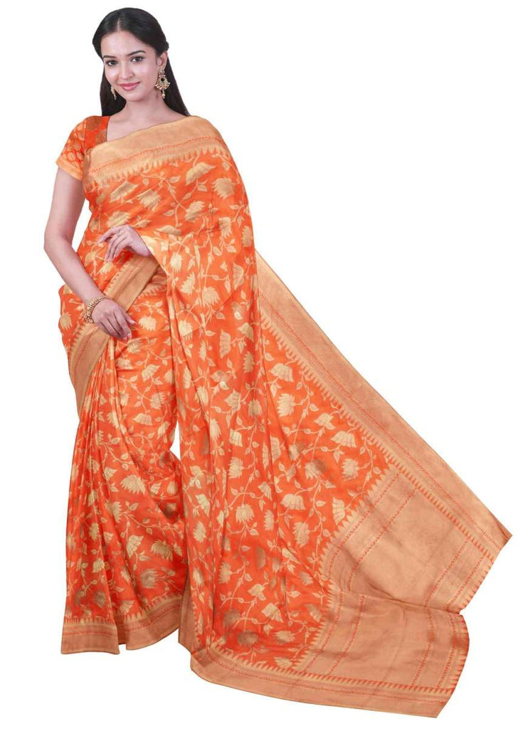 Fire orange banarasi silk sari with weaved pattern only on Kalki