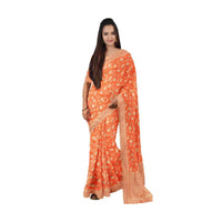 Fire orange banarasi silk sari with weaved pattern only on Kalki