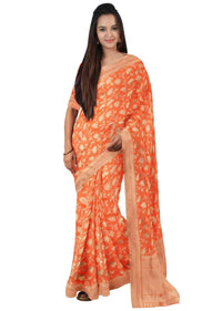 Fire orange banarasi silk sari with weaved pattern only on Kalki