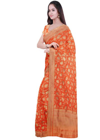 Fire orange banarasi silk sari with weaved pattern only on Kalki