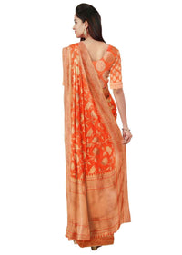 Fire orange banarasi silk sari with weaved pattern only on Kalki