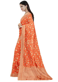 Fire orange banarasi silk sari with weaved pattern only on Kalki