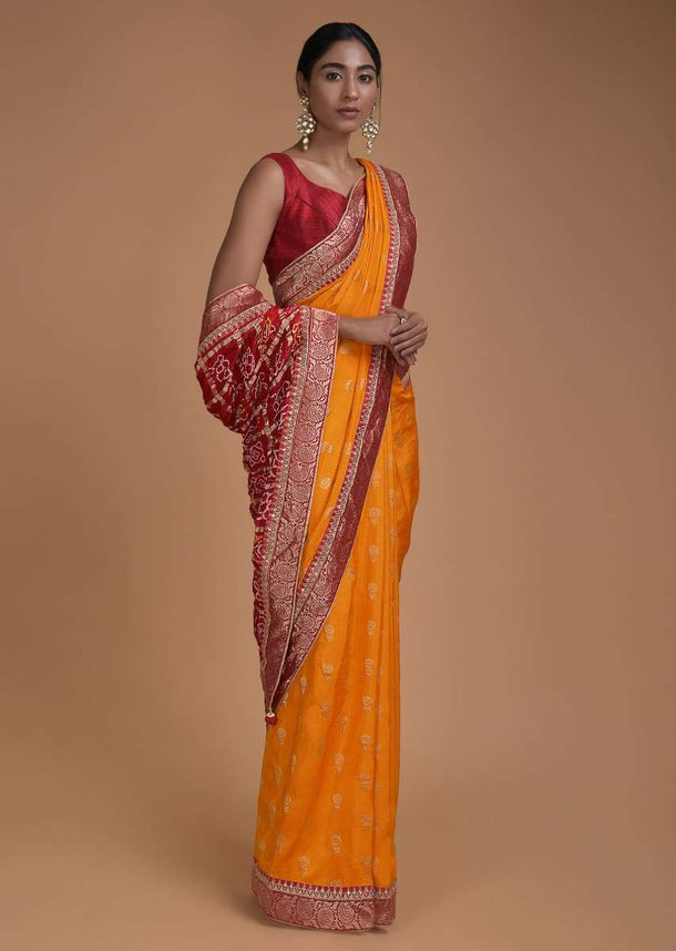 Fire Yellow Saree With Weaved Floral Buttis And Bandhani Printed Pallu Online - Kalki Fashion