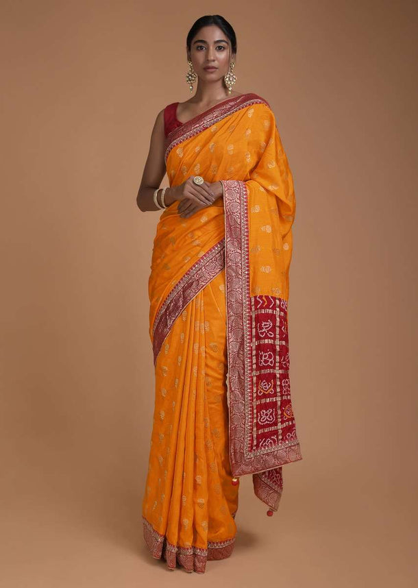 Fire Yellow Saree With Weaved Floral Buttis And Bandhani Printed Pallu Online - Kalki Fashion