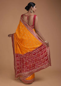 Fire Yellow Saree With Weaved Floral Buttis And Bandhani Printed Pallu Online - Kalki Fashion