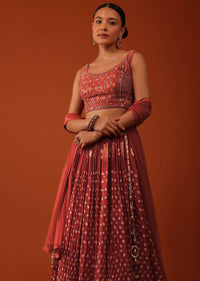 Fire Orange Bandhani Printed Lehenga And Blouse Set In Silk