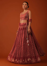 Fire Orange Bandhani Printed Lehenga And Blouse Set In Silk