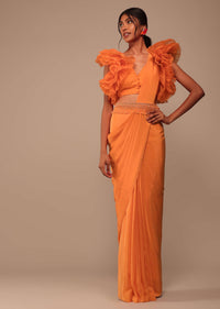 Fire Orange Crepe Indo-western Saree With Pearl Embroidered Belt