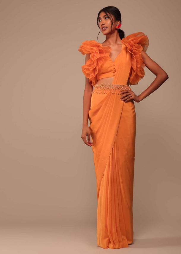 Fire Orange Crepe Indo-western Saree With Pearl Embroidered Belt