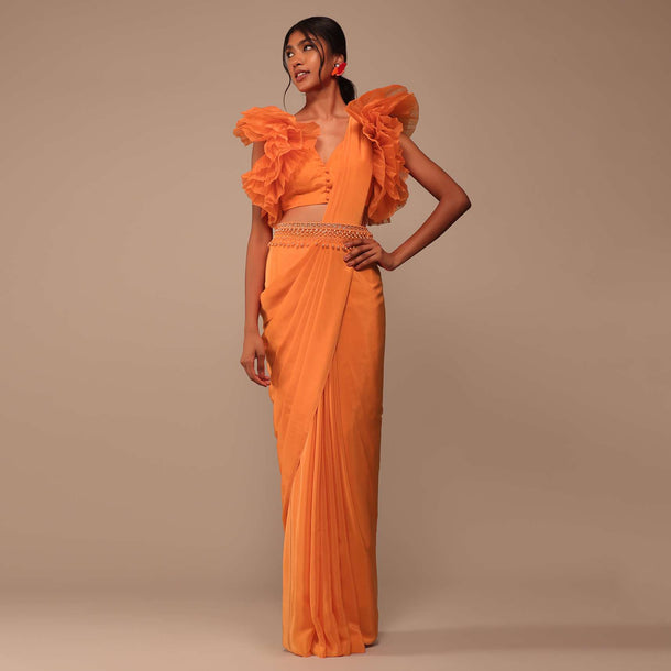 Fire Orange Crepe Indo-western Saree With Pearl Embroidered Belt