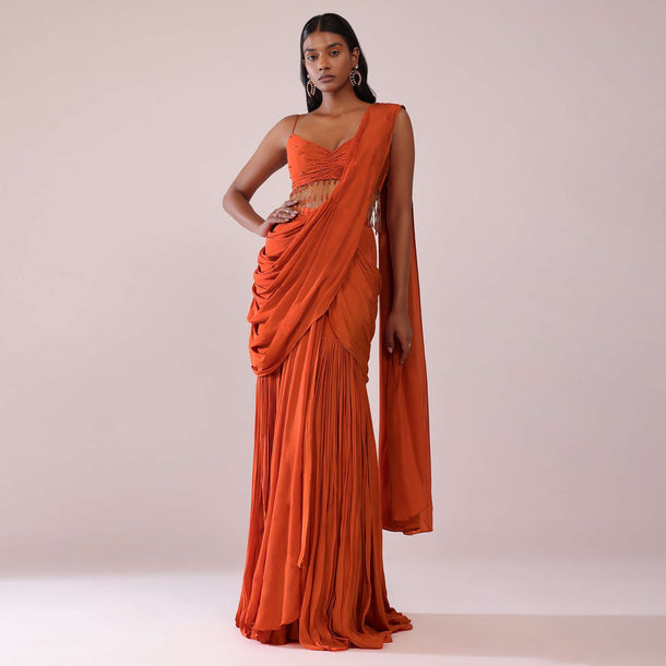 Orange Crepe Drape Saree And Blouse With Crystal Tassels All Over