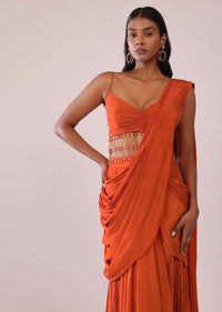Orange Crepe Drape Saree And Blouse With Crystal Tassels All Over