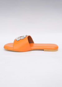 Fire Orange Festive Brooch Flats In Soft Faux Leather