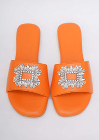 Fire Orange Festive Brooch Flats In Soft Faux Leather