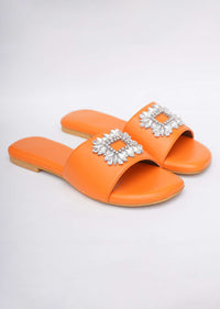 Fire Orange Festive Brooch Flats In Soft Faux Leather