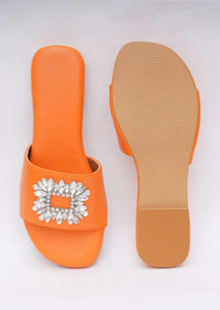 Fire Orange Festive Brooch Flats In Soft Faux Leather