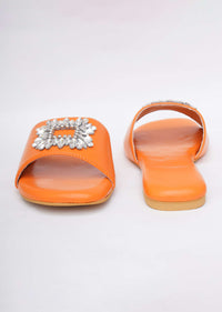 Fire Orange Festive Brooch Flats In Soft Faux Leather