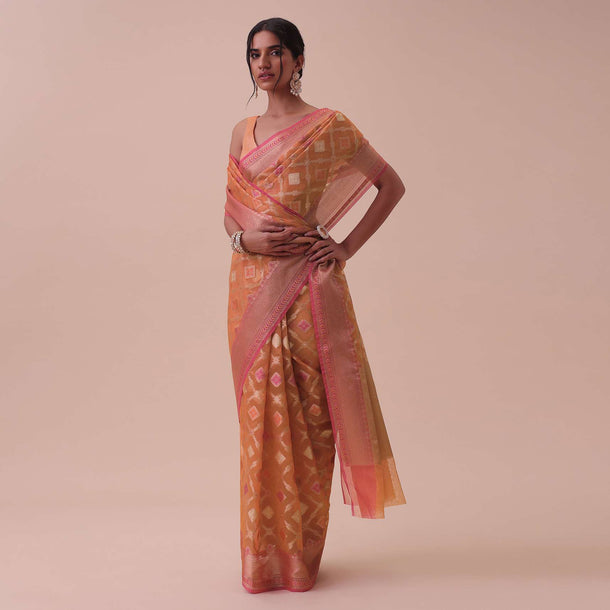 Fire Orange Kora Cotton Silk Saree With Meenakari Butti All over