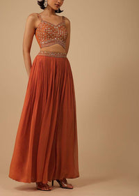 Fire Orange Palazzo Suit In Georgette With Mirror And Sequins Embroidery