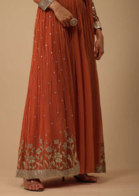 Fire Orange Palazzo Suit In Georgette With Mirror And Sequins Embroidery