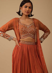 Fire Orange Palazzo Suit In Georgette With Mirror And Sequins Embroidery