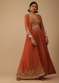 Fire Orange Palazzo Suit In Georgette With Mirror And Sequins Embroidery