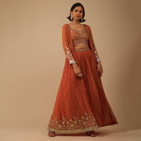 Fire Orange Palazzo Suit In Georgette With Mirror And Sequins Embroidery