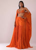 Orange Sharara And Embroidered Blouse Set With Floor Length Shrug In Crepe